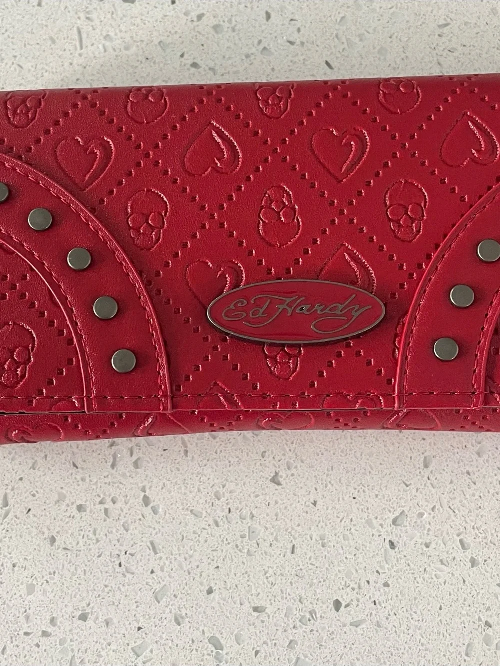 NWT - Ed Hardy Red Embossed Heart & Skull Studded Wallet faux vegan leather.